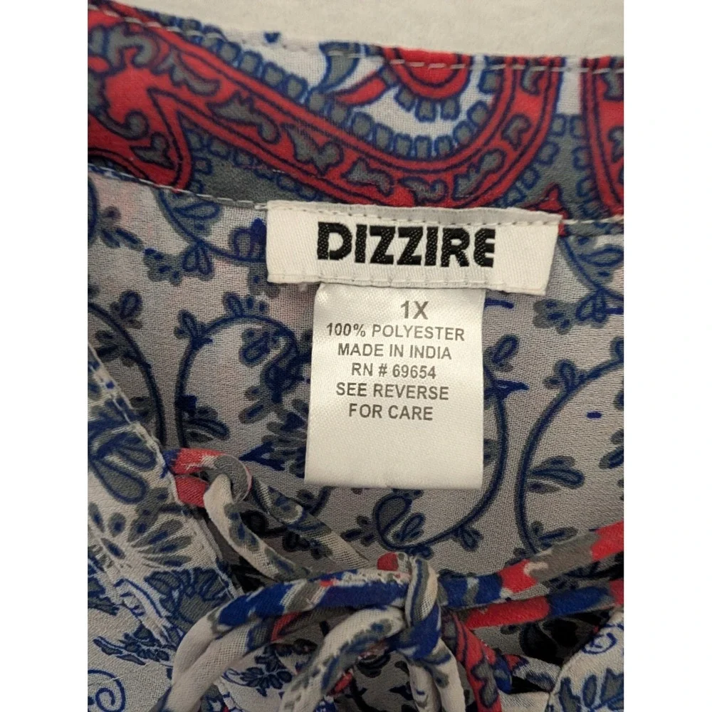 Dizzire Womens 1X Tunic Top Red Blue Paisley Geometric Lace Up Neck Long Sleeve